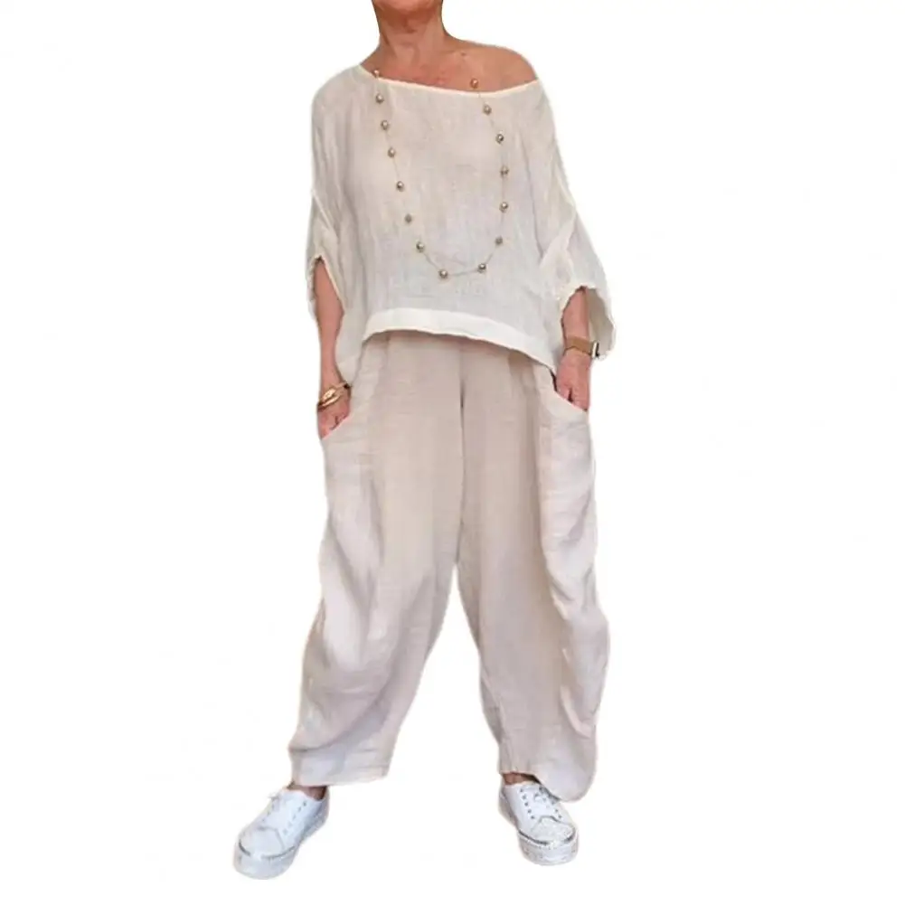 Completo da donna in due pezzi elegante Set di pantaloni camicetta in due pezzi per donna elegante Top girocollo con pantaloni a gamba larga Chic per il pendolarismo