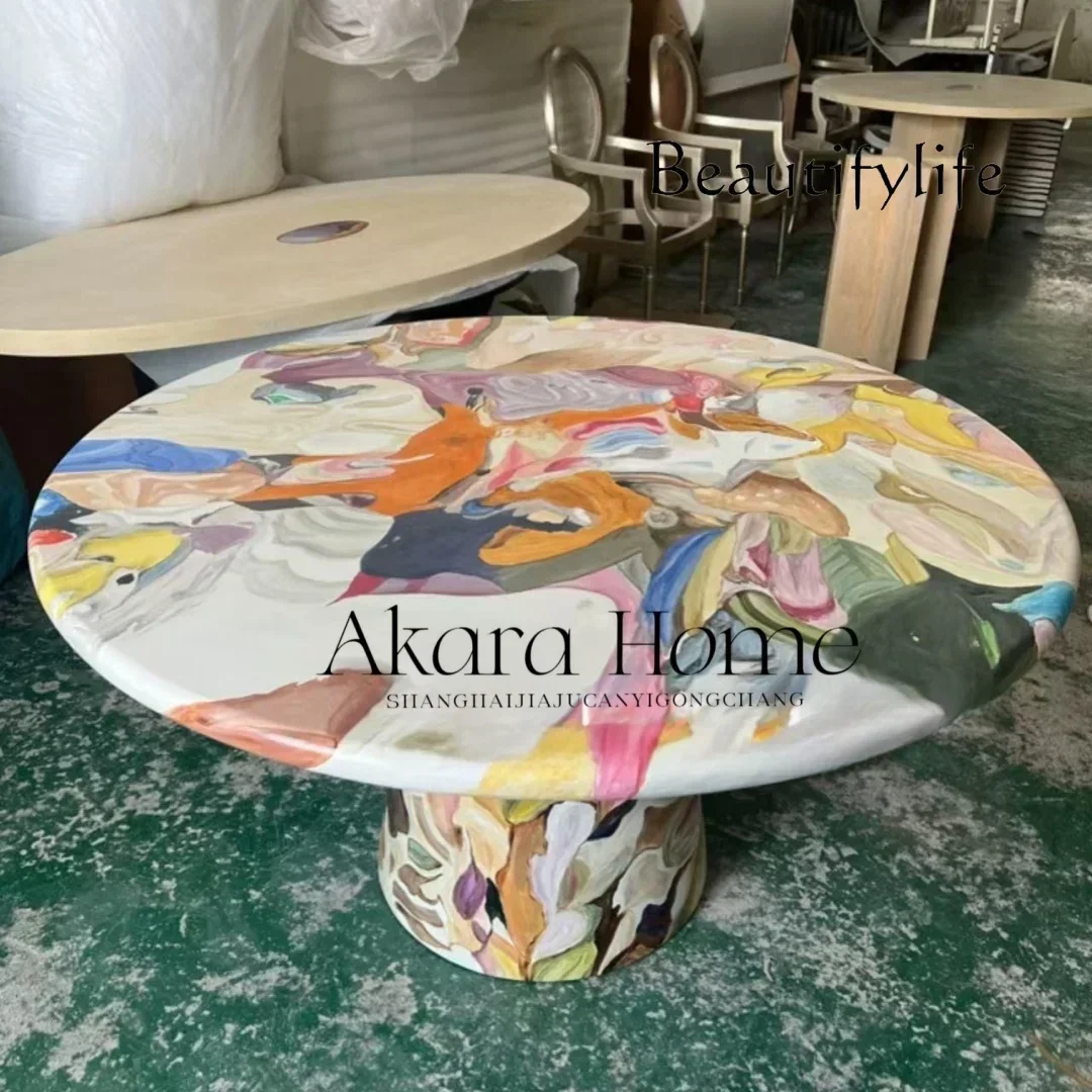 

N Design Art Hand Painted Oil Painting Solid Wood Dining Table Antique High-end Creative Round Dining Table