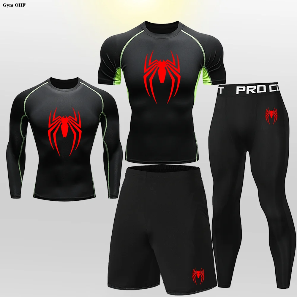 2D Print Spider Anime Boy's Printed Compression Set Long Sleeve Gym Top + Fitness Pants + Athletic Shorts Quick Drying  5-piece