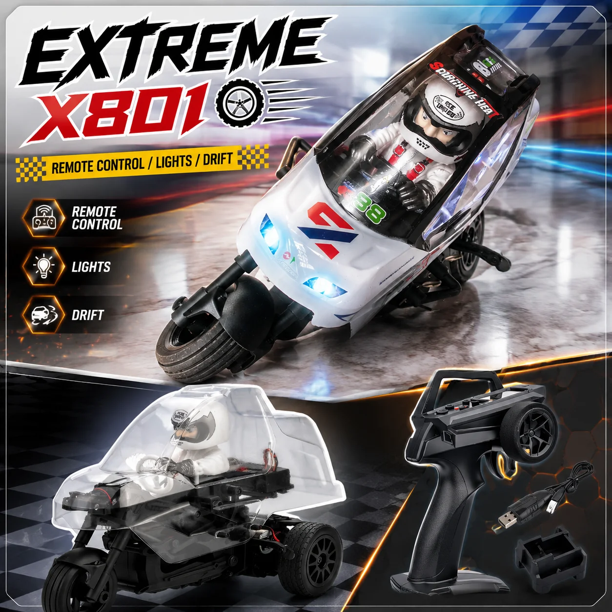 

X801 RC Three Wheel Rickshaw Model Extreme Corner Side Lean Import Bearings Simulation Real Car Flash Light Ultra Long Battery