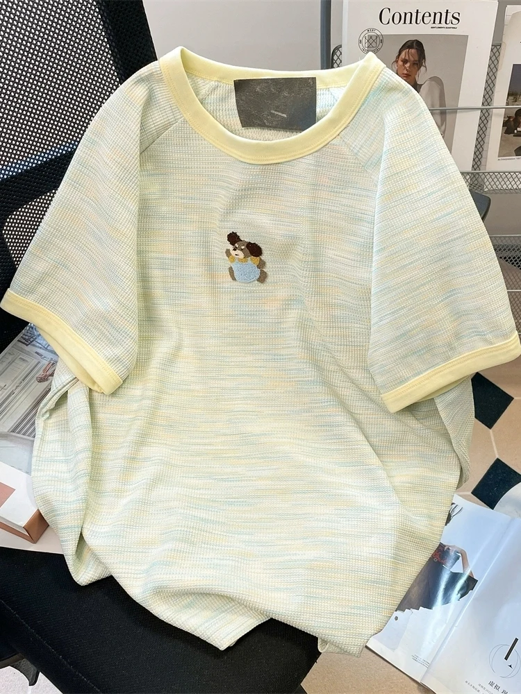 

plus Size Women's T-Shirt Embroidered Bear Shoulder Insert Loose Fit Summer Breathable Short Sleeve round Neck Casual Top