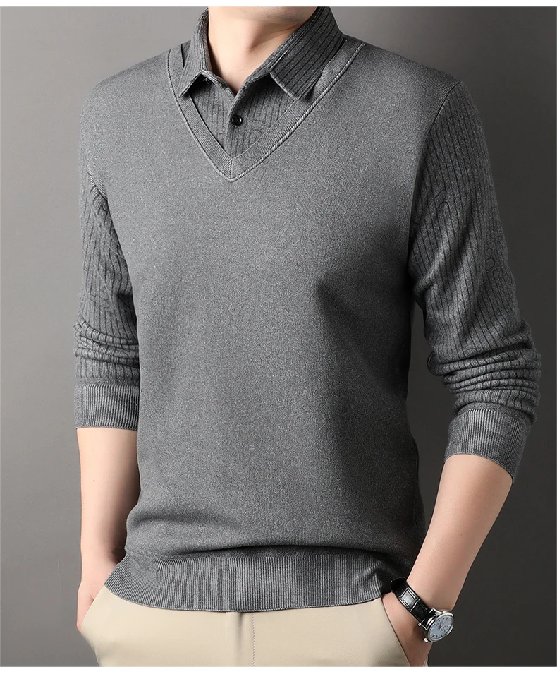 Herren Plaid Pullover Fleece Pullover Slim Fit Elegante Luxus Marke Gefälschte Zwei Stücke Gestrickte Pullover – Detail 17