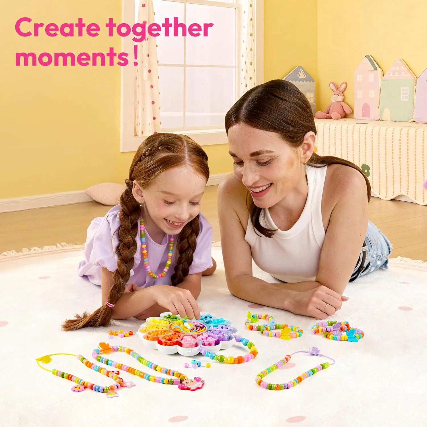 JOYFY Kit de fabricación de joyas para niños, kit de fabricación de pulseras con más de 350 cuentas de colores, estuche en forma de flor para niñas de más de 3 años, regalos artesanales