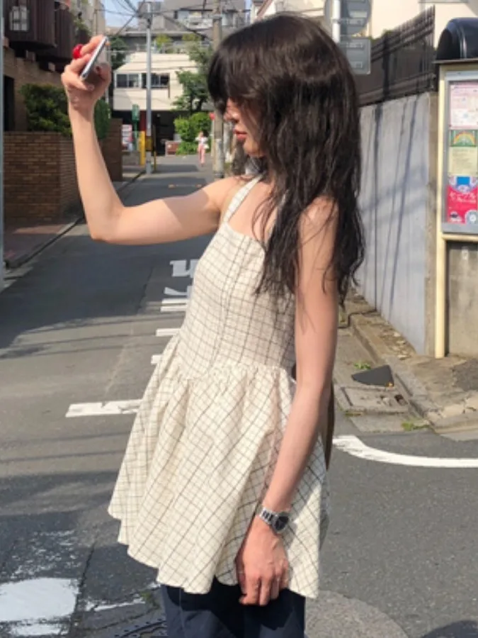 

Summer New Plaid Vest Dr Women's Retro Age Reduction ort Skirt Hanging Ne Small Size Vintage Layering Clothing