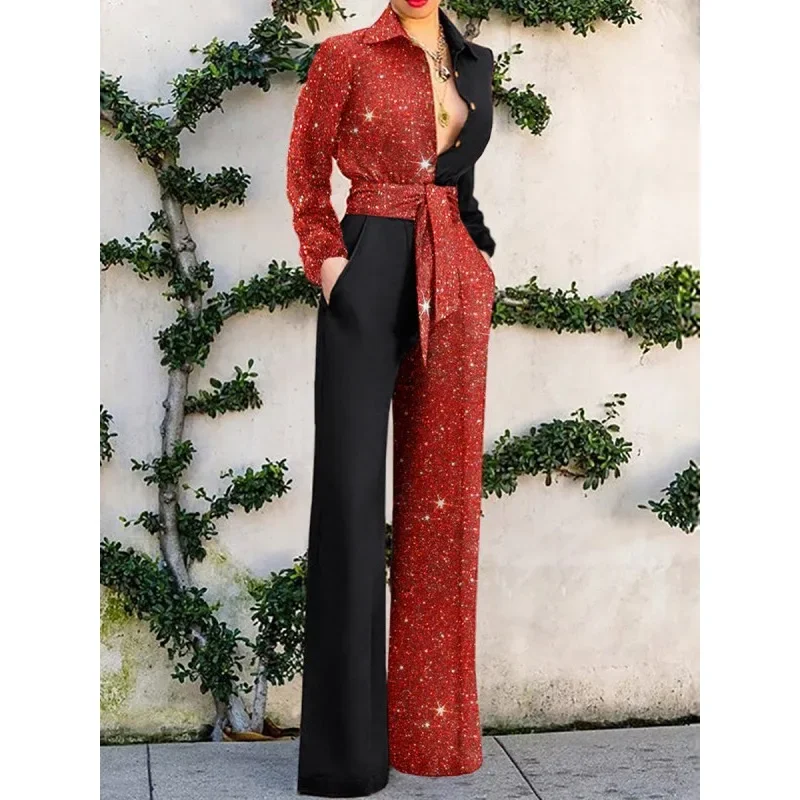 2024 Spring and autumn new women's contrasting color sequin casual jumpsuit