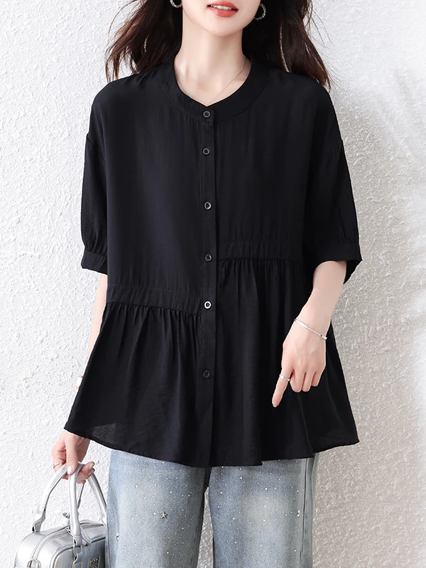 

Ele plus Size Women's irt Summer ort Sve Loose Fitting Slimming Personali Doll Top Casual Wear Pure Color Button...