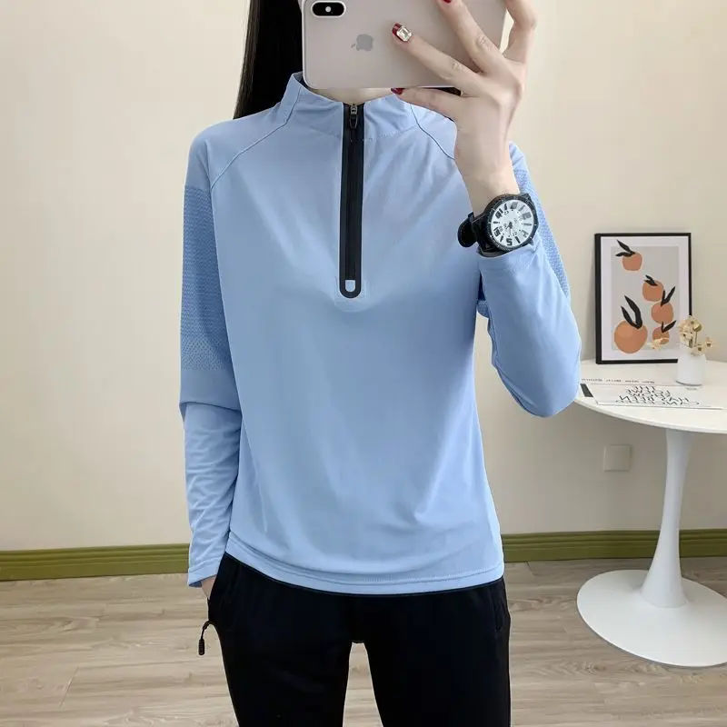 Damska odzież outdoorowa z długim rękawem, szybkoschnąca, do fitnessu, biegania, chroniąca przed słońcem, z wysokim kołnierzem, oddychająca, szybkoschnąca bluzka.