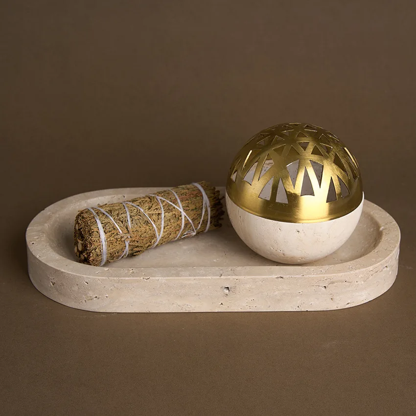 Beige Travertine Bakhoor Incense Holder with Golden Cover Luxury Marble Mubkhar Bukhoor Burner