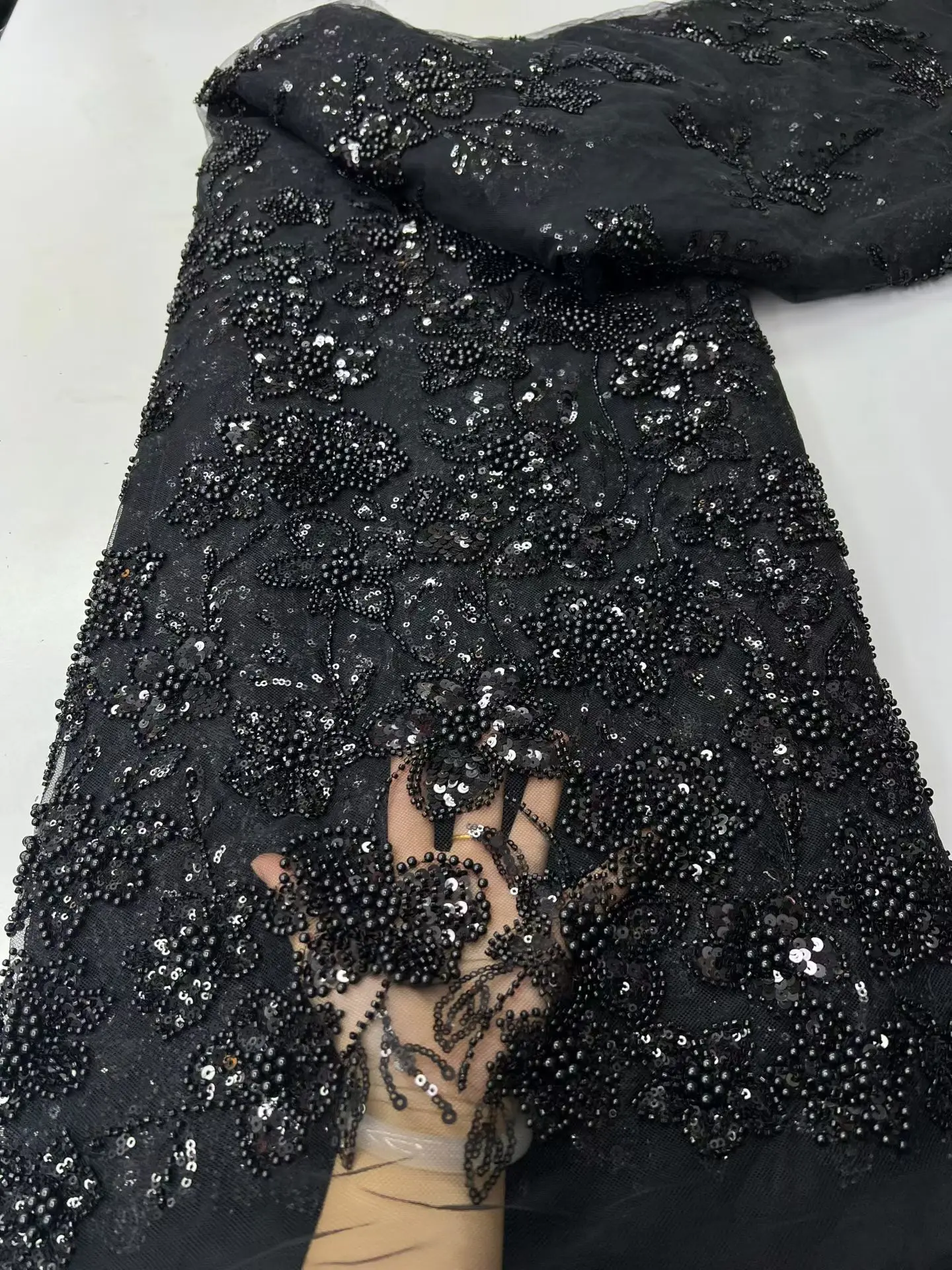 Wine African Beaded Tulle Lace Fabric 2026 High-Quality Nigerian Sequin Lace Fabric Ideal for Party Dresses and Wedding Hm250-1