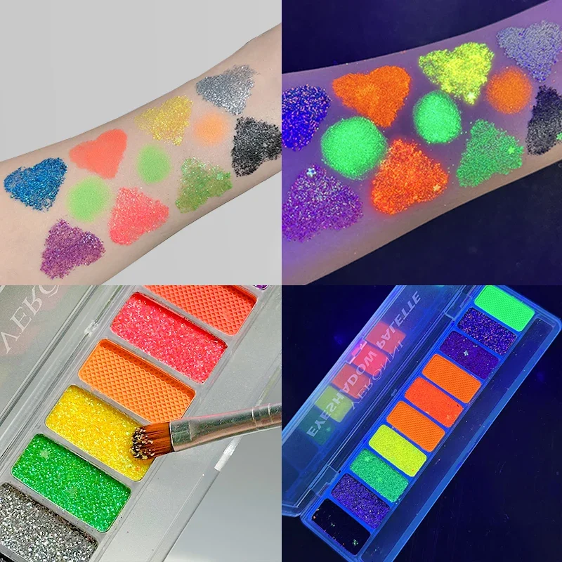 10-Farben Neon Glow in Bright Lidschatten-Palette Buntes Augen-Make-up Pigmentierte Lidschatten-Palette Matte Shimmer Glitter Cosmetic