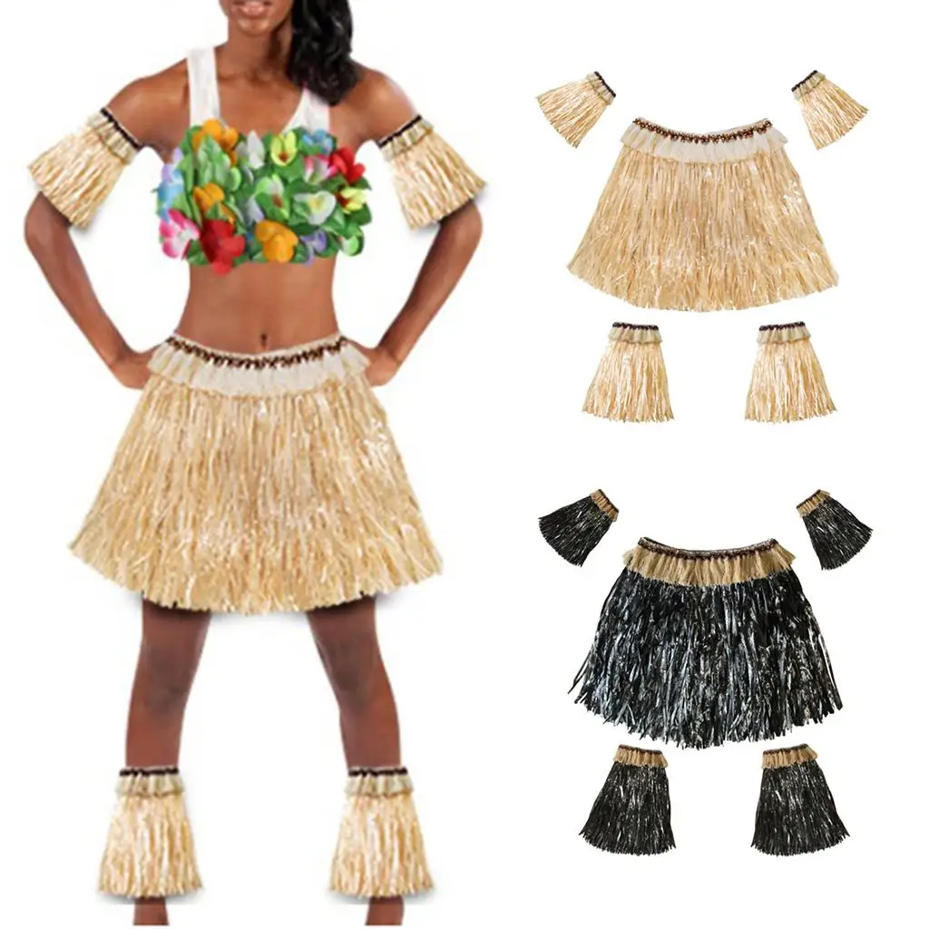 Adult Luau Dancer Grass Skirt and Accessories Set Elastic Hula Outfit for Hawaiian Theme Celebrations