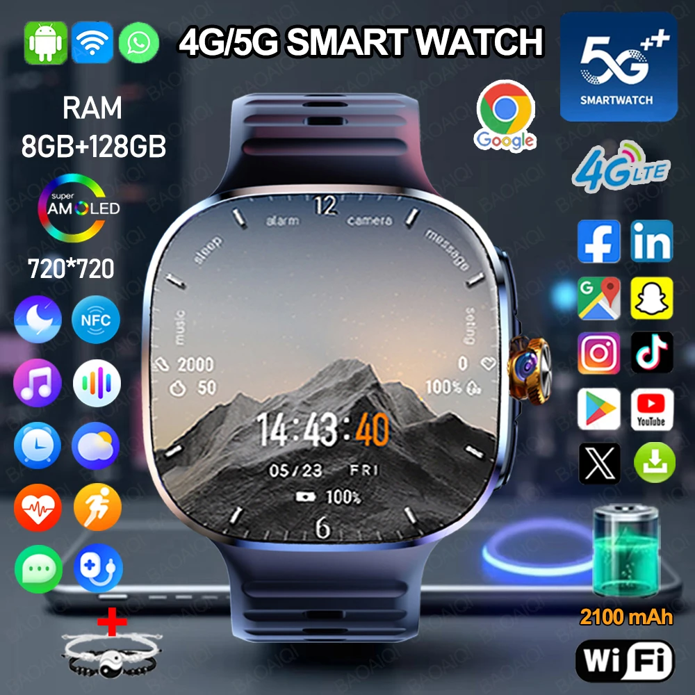 Montre connectée réseau complet 5G/4G, 720x720, grand écran HD 2.40 pouces, appel vidéo, 8 go + 128 go de RAM, Google Play, WIFI, GPS, 2100 mAH