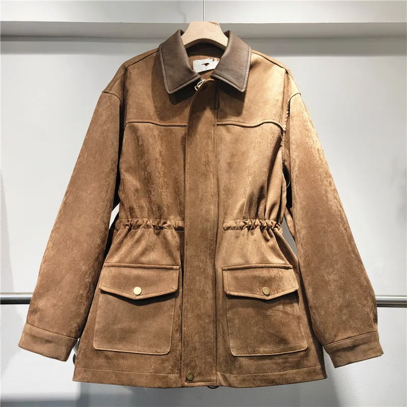 Mid Length Coats Women Coat Turn Down Collar Y2k Streetwear Jackets Work Drawstring Elegant Splice Jacket 2025 Autumn Winter