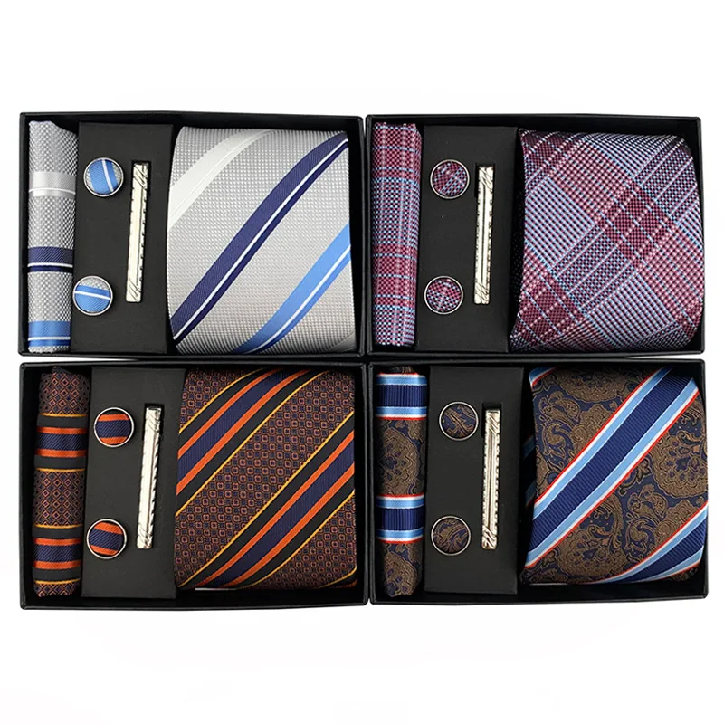 Striped Neck Tie Cufflinks Clip Pocket Square Set Necktie Kerchief Scarf Wedding Party Business Shirt Suit Ties Scarves Men Gift