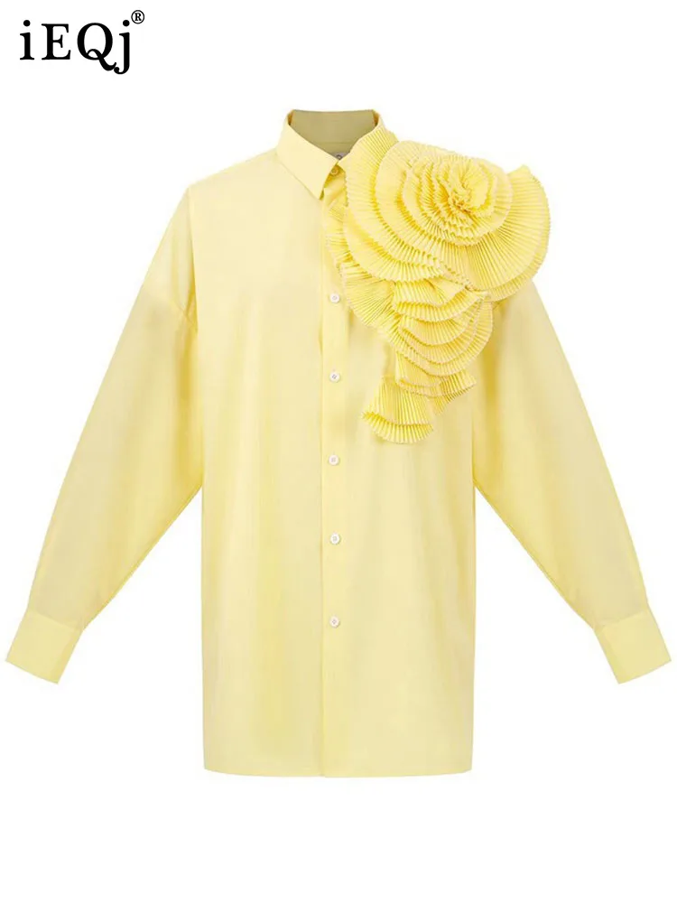 IEQJ Pleated Flower Spliced Lace Up Shirts For Women Long Sleeve Loose Designer Blouses 2023 Spring New Elegant Clothing 3WQ4289