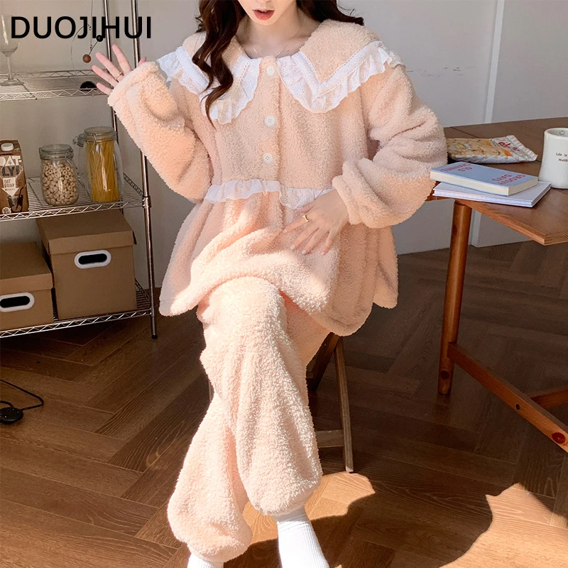 DUOJIHUI Korean Style Loose Sweet Chicly Lace Female Pajamas Set Winter Thick Warm Soft Simple Casual Fashion Pajamas for Women