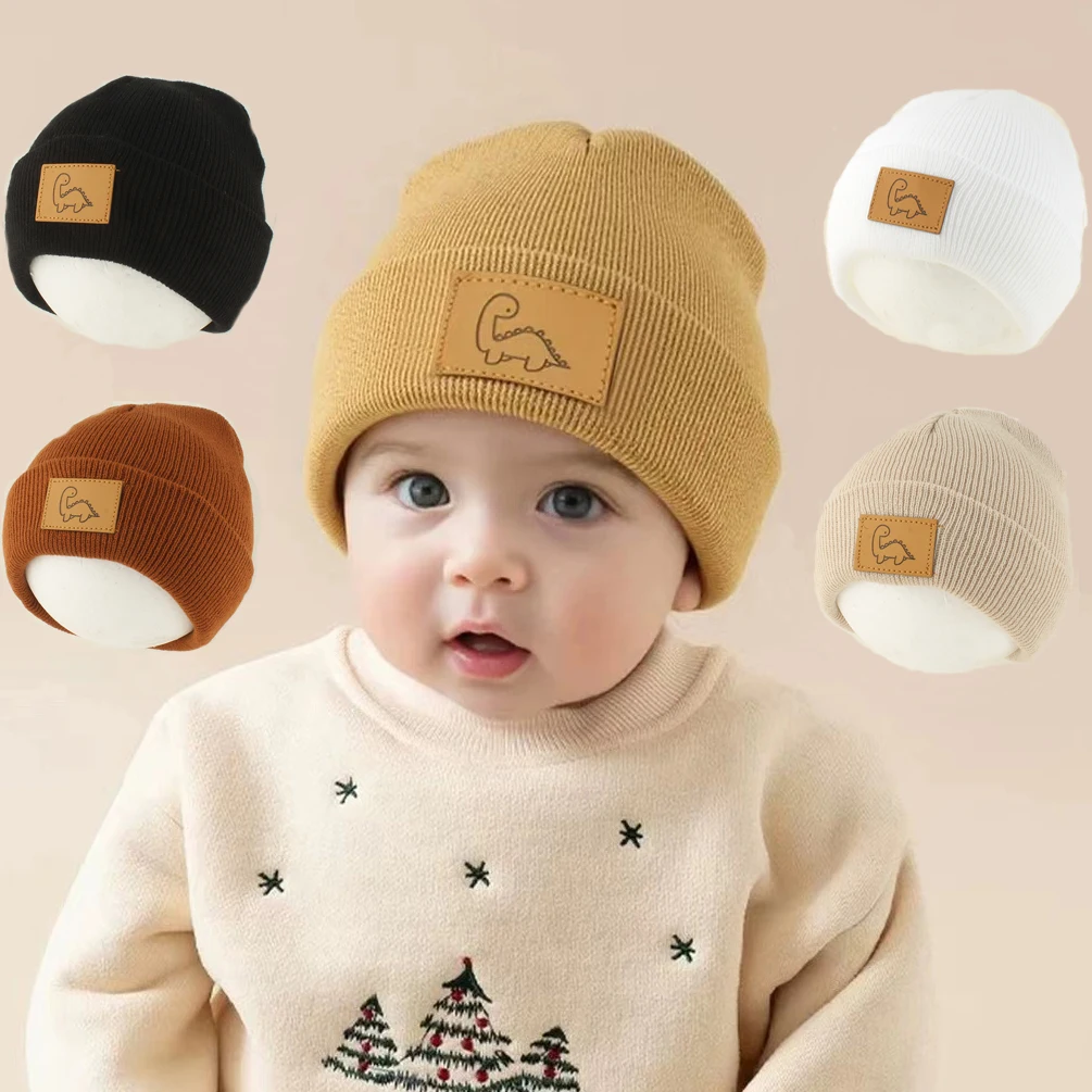 

0-3 Years Old Baby Beanie Hat Cartoon Dinosaur Label Winter Warm Cute Caps Infant Boys Girls Knitted Soild Color Cap Toddler