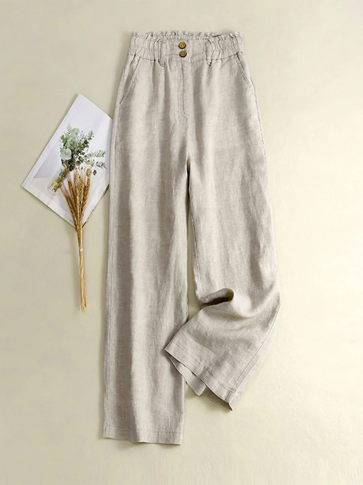 High Waist Draped Straight Leg Cotton Linen Wide Leg Pants Women's Loose Casual Thin Linen Long Trousers Summer Commute Style