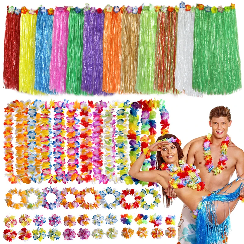 

50/60Pcs Hawaiian Skirts Set,Plastic Fibers Luau Hula Skirt Hawaii Beach Party Dress Up Hawaiian Costume,Child Adult Grass Skirt