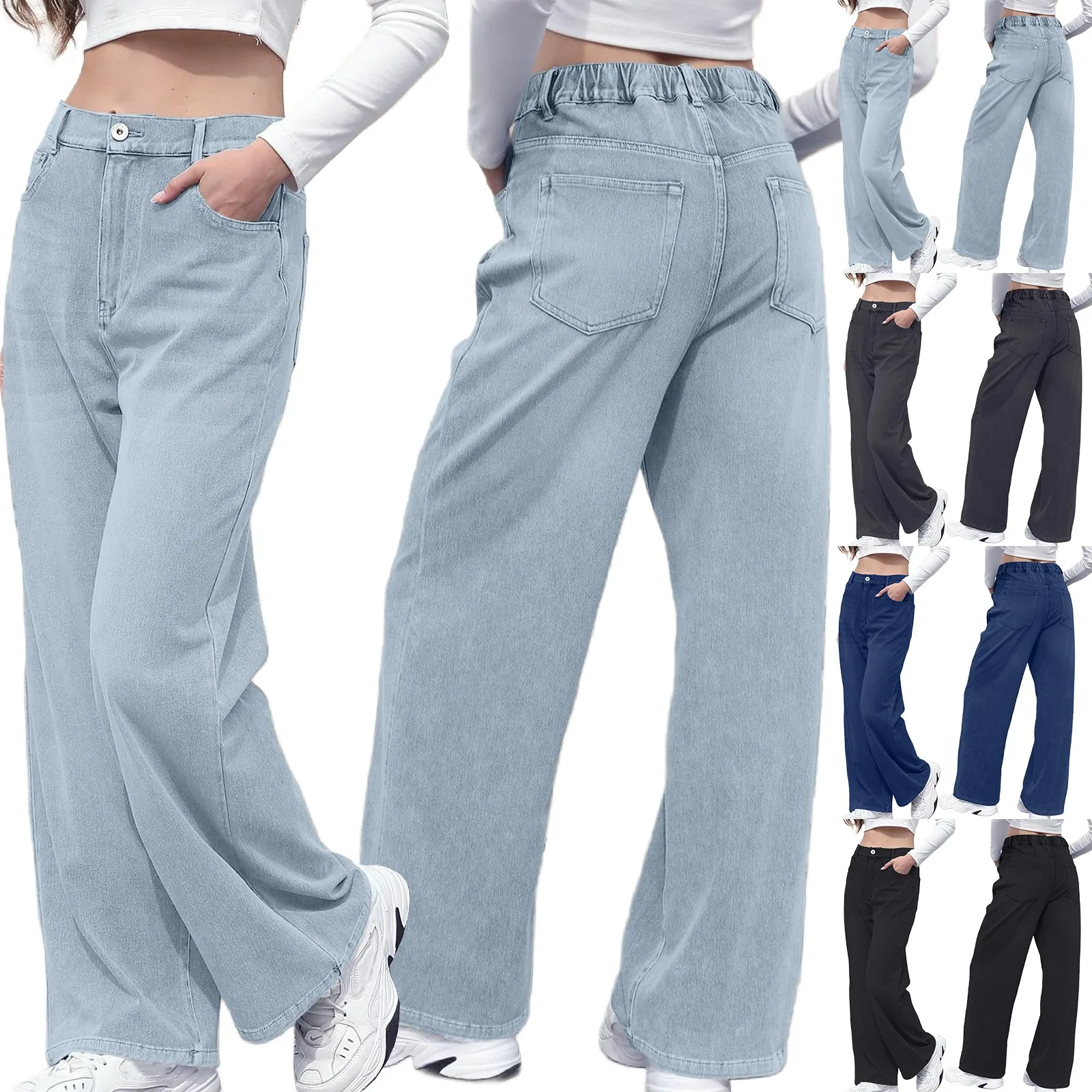 

Basic Classic Elastic Waist Straight Wide Leg Jeans for Women Fashionable Daily Versatile Draped Denim Trousers