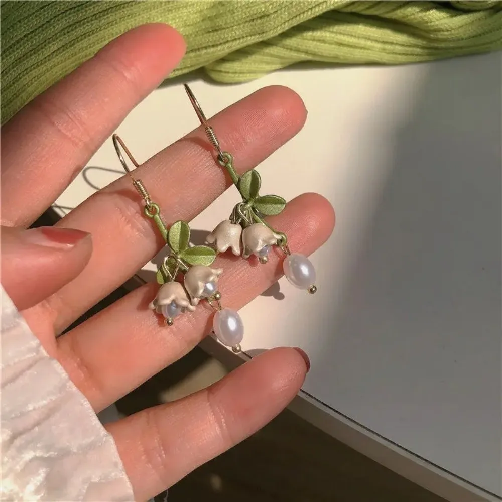 New White Lily of The Valley Jewelry Set Pearl Tassel Lily of The Valley Earrings Green Orchids Bracelet Gifts