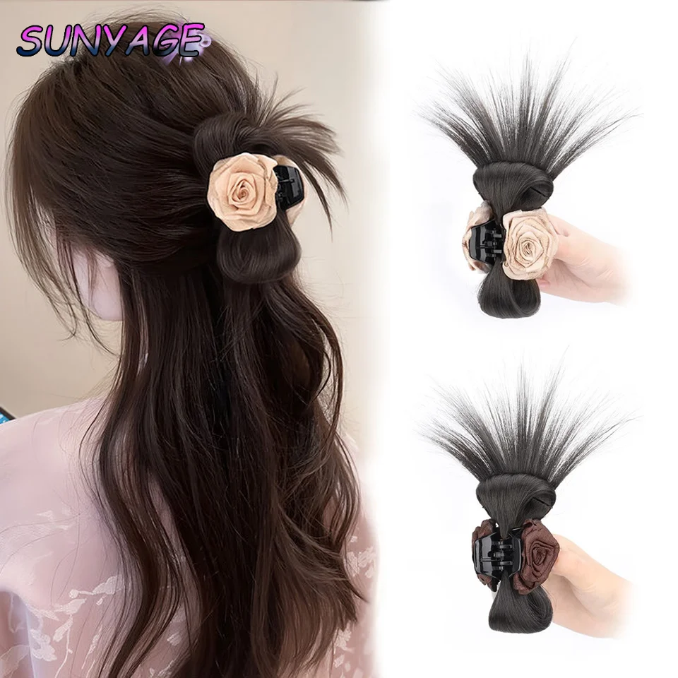 SUNYAGE Synthetic Half-tied Chicken Feather Shuttlecock Ball Head Wig Hair Pack Rose Fountain Claw Clip High Ponytail Wig