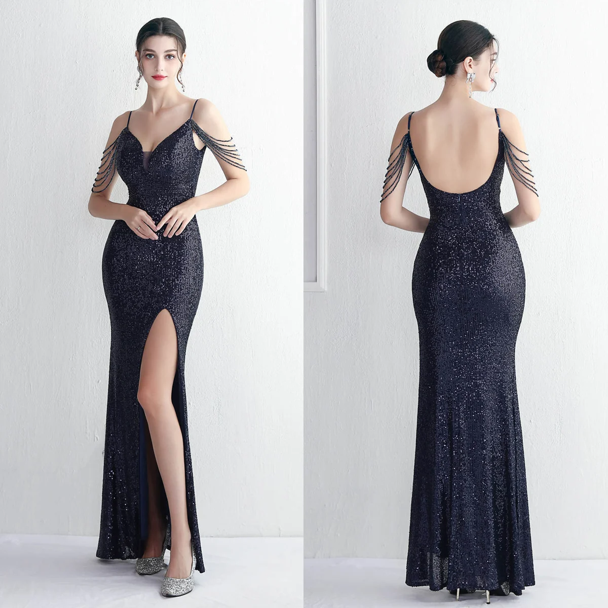 Robe de soirée noire à paillettes pour femmes, perles, fermeture éclair au dos, fente trompent sirène, longueur au sol, robe de soirée formelle, YE481