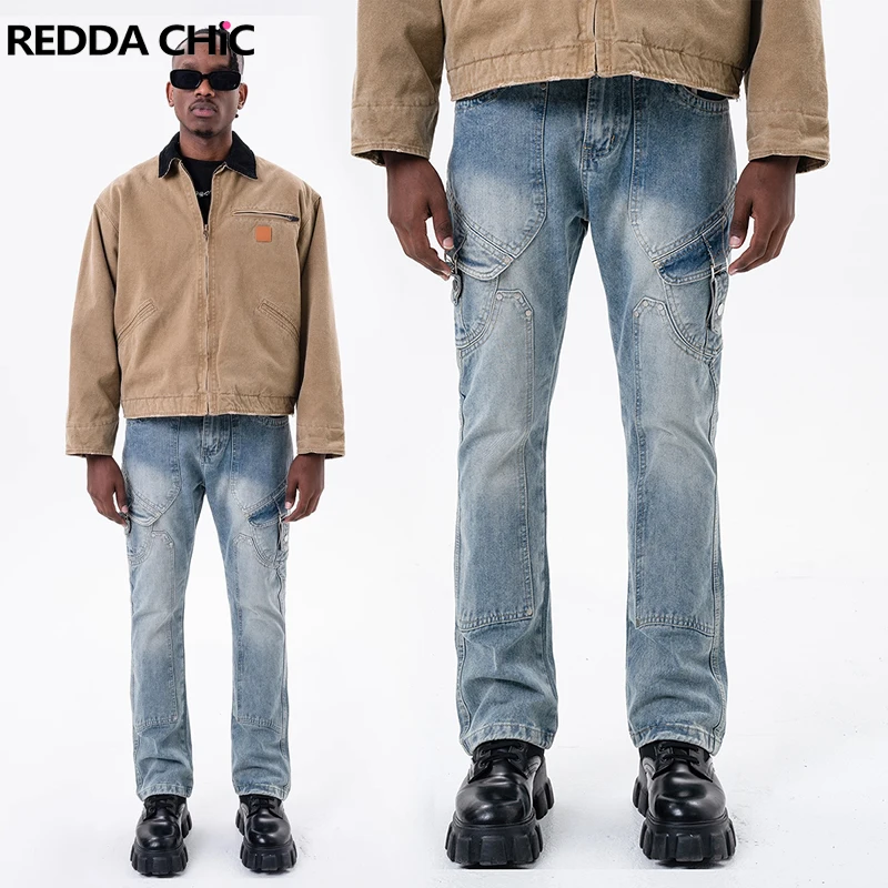 

REDDACHIC Light Wash Blue Cargo Jeans Men Cleanfit Deconstructed Belt Pockets Patchwork Casual Pants Street Vintage Y2k Trouser