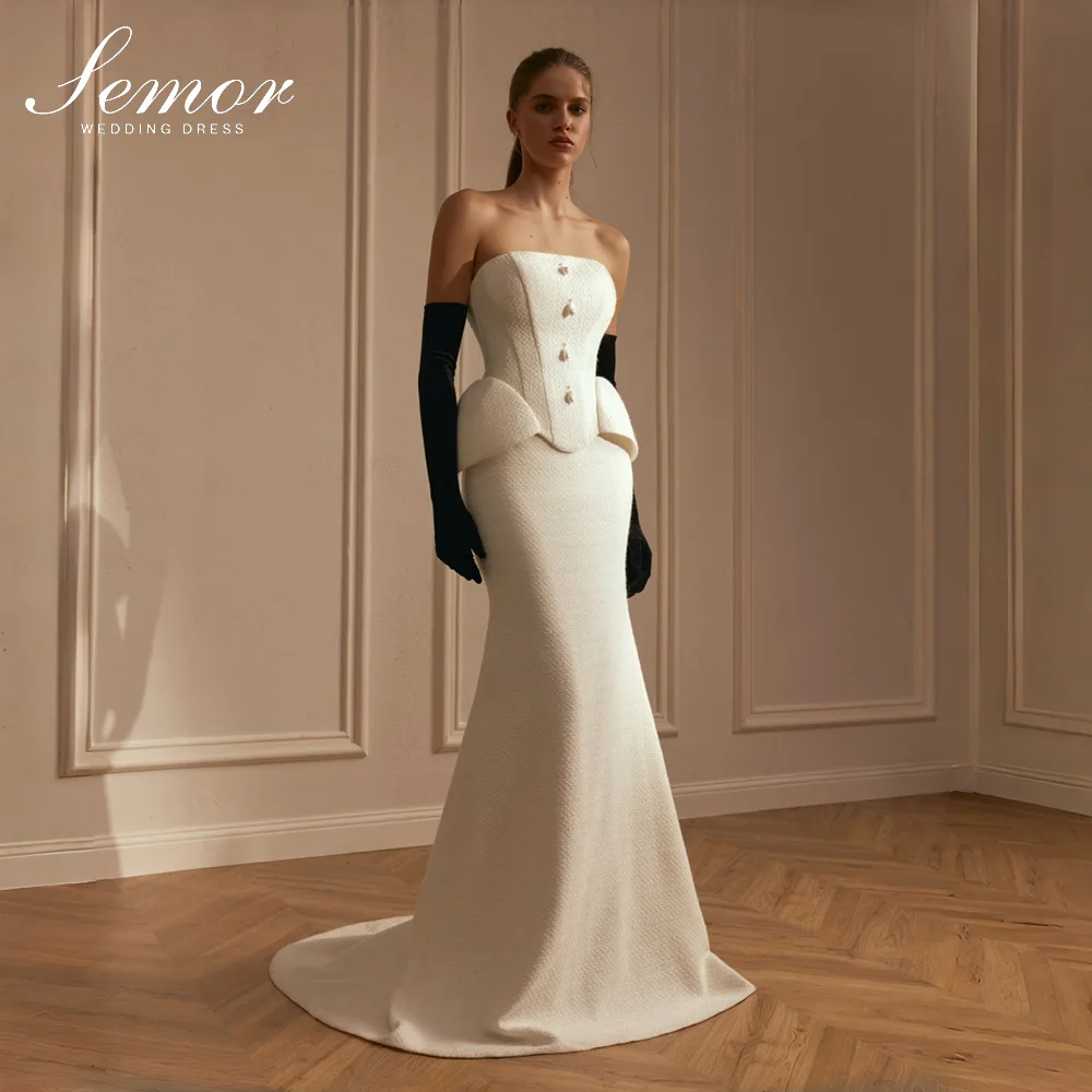 Semor Elegant Strapless Mermaid Wedding Dress With Structured Corset Bodice Lace Up Fitted vestidos de novia Buttons Customized