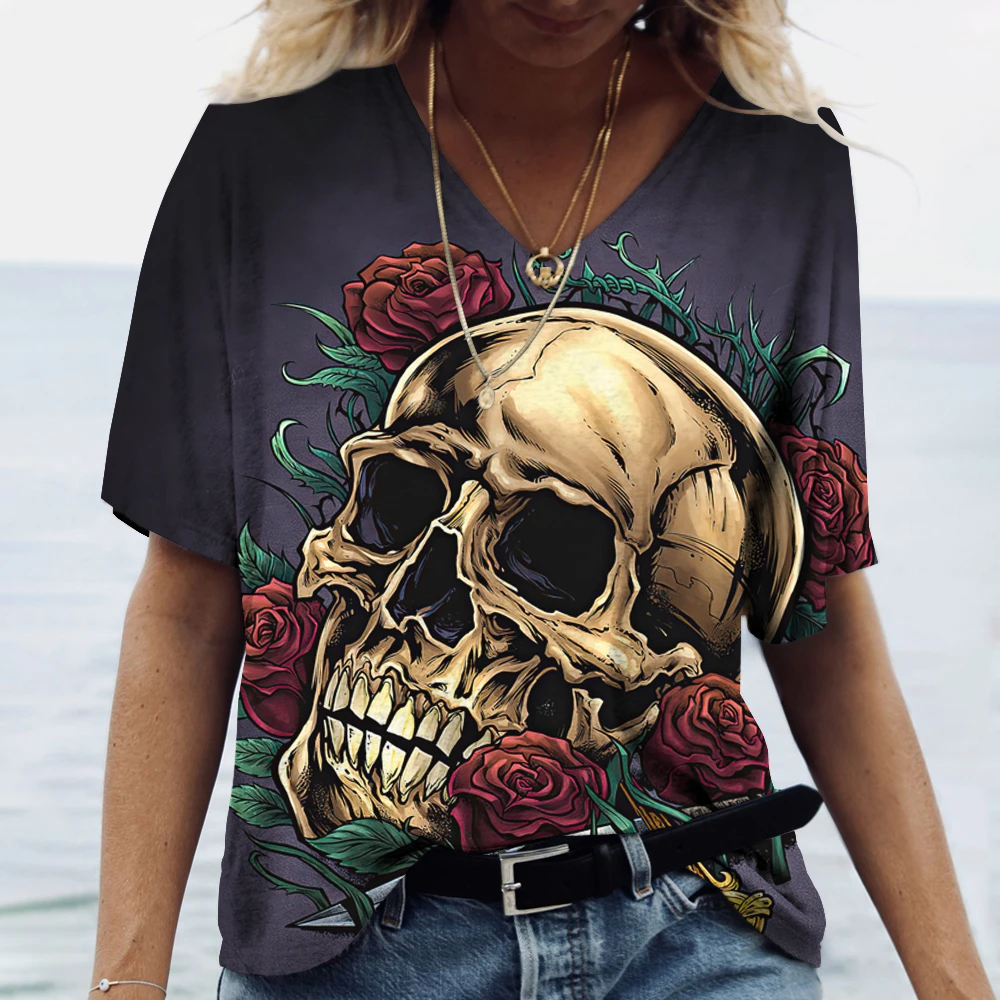 Funny 3D Skull Print T Shirt For Women Summer Hot Sale Short Sleeve Tops Fashion V-neck Women\'s T-Shirts Casual Loose Female Tee