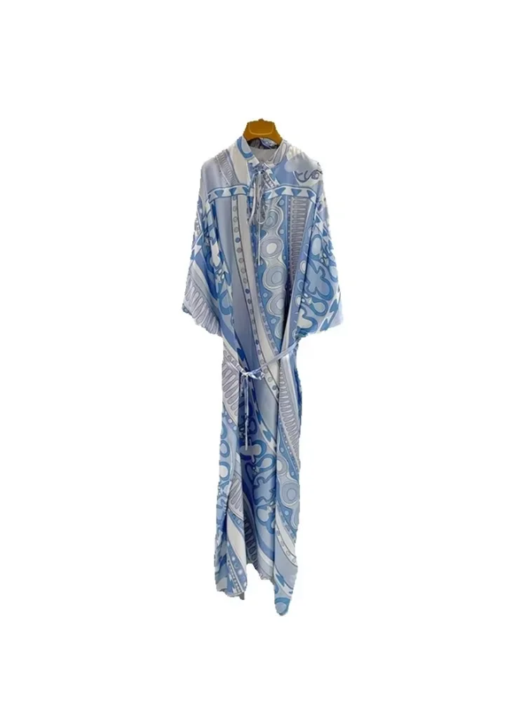 Spring Summer Fashion Geometric Pattern Printing Elegant Floor-Length Dress Women's Stand Collar Batwing Sleeve Loose Dresses
