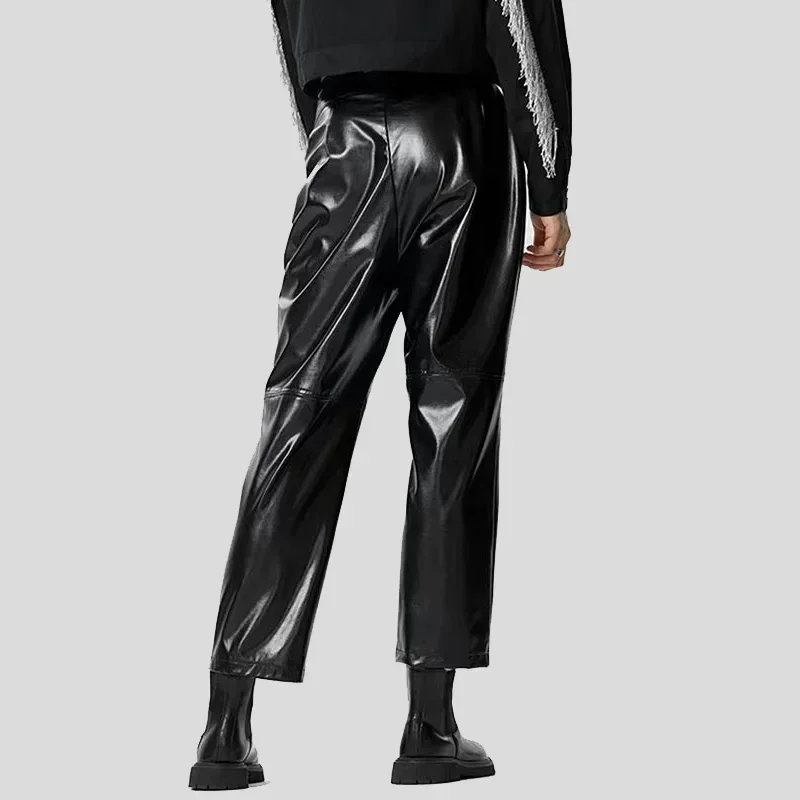 Men's Faux Latex Straight Pants Sexy Low V Waist Black Matte Leather Pants Male Casual Loose Cropped Custom Street PU Trousers