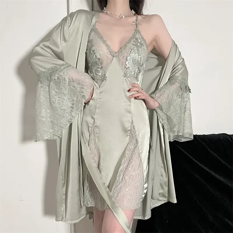 

Lace Suit Robe Bathrobe Sleepwear Lingerie Summer Twinset Satin Set Gown Nightgown Silky Sleep Nightwear Loungewear Women