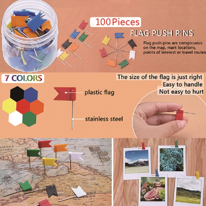 100 قطعة/الوحدة العلم شكل دبوس طويل Thumbtacks الملونة لوحة الفلين خريطة علامة دبوس للمنزل مكتب جدار الإبهام تك أدوات الديكور