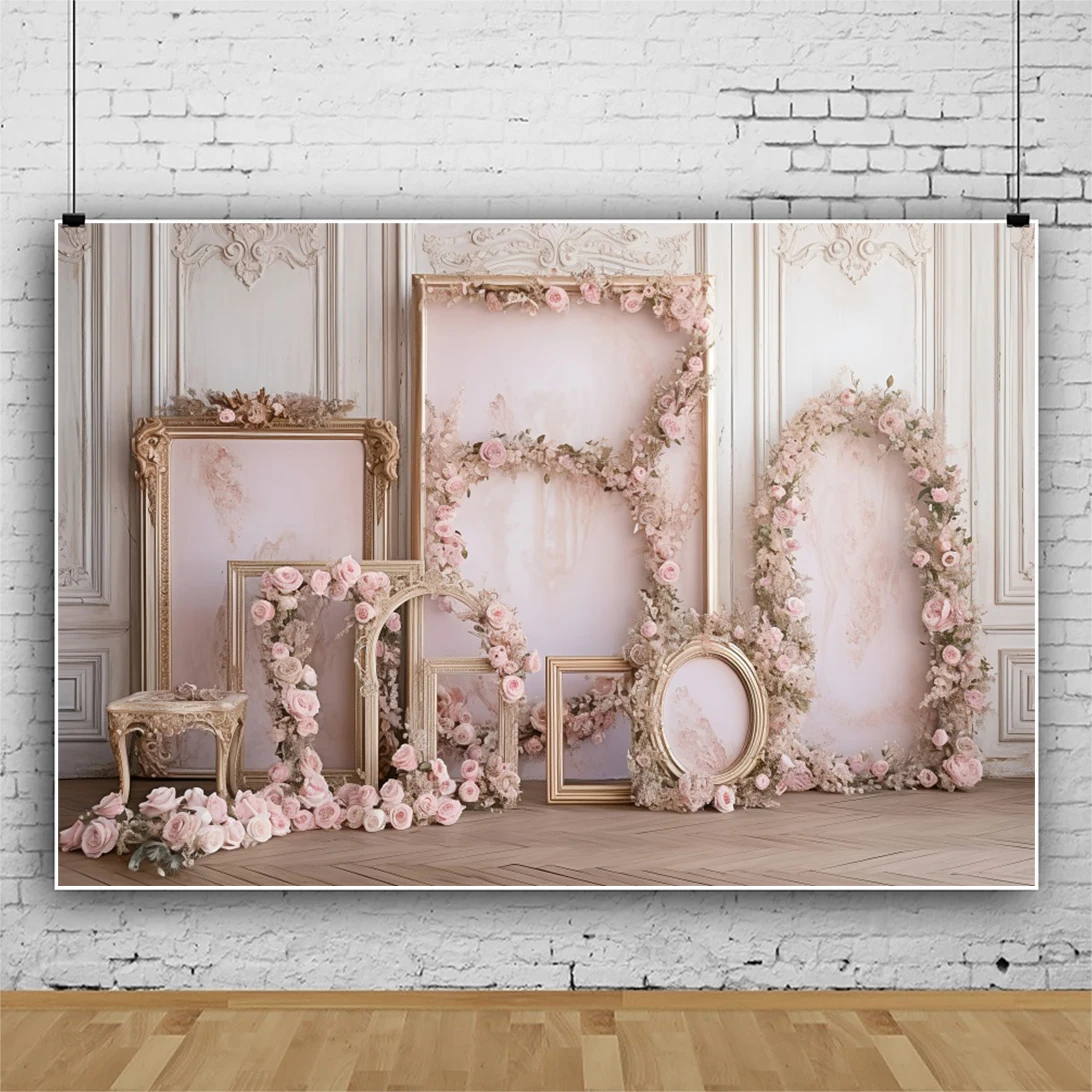 Laeacco Retro Elegant European Classic Wall Backdrop Interior Pink Flower Wedding Birthday Party Portrait Photography Background