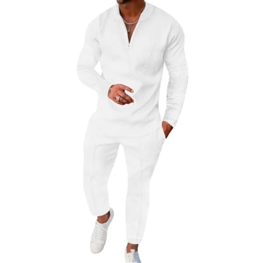 

Мужской спортивный костюм Bealin из 2 предметов: футболка-поло с длинным рукавом на молнии и текстурированные спортивные брюки, повседневный комплект для бега