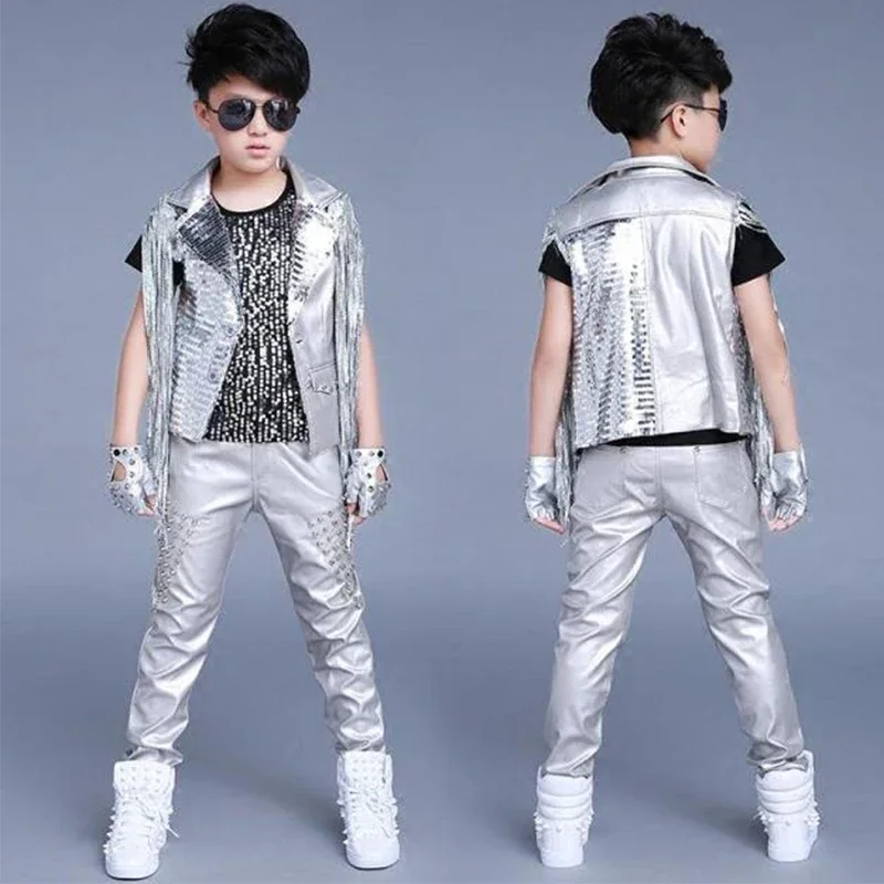 

Jazz Costumes Children Silver Sequined Tassel Coat Boys Rock Drum Show Set Hip Hop Stage Outfit Street Dancewear Kids DNV11852