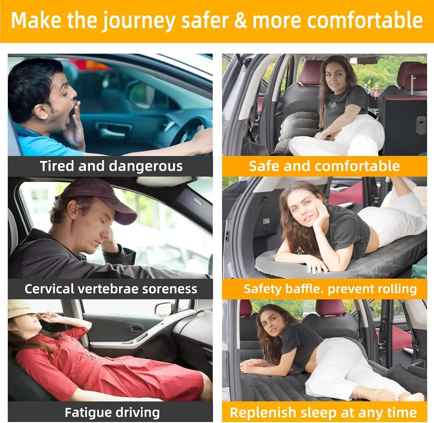 Matelas pneumatique SUV épais, lit gonflable floqué double face avec oreillers et pompe électrique, gris foncé