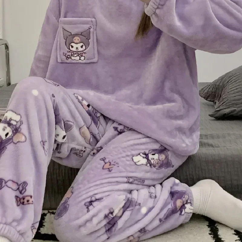 Kawaii Cartoon Sanrios Autumn and Winter Home Pajamas Cute Kulomi Flannel Pullover Warm Thick Pajamas Home Clothes Girl Heart