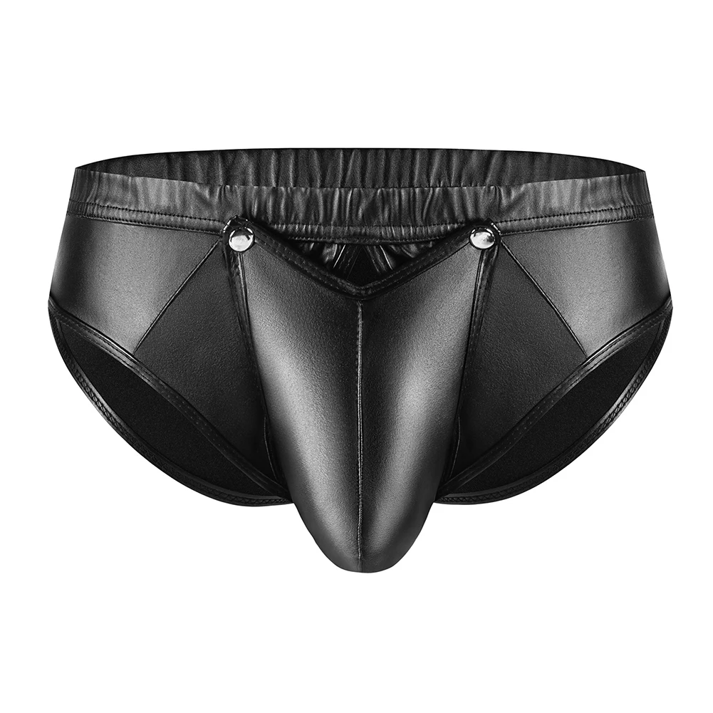 

New Men Sexy Open Cut Slim Fitting Matte Faux Leather Low Rise Shiny Boxer Briefs Buckled Pouch Shorts Underpants Male Briefs