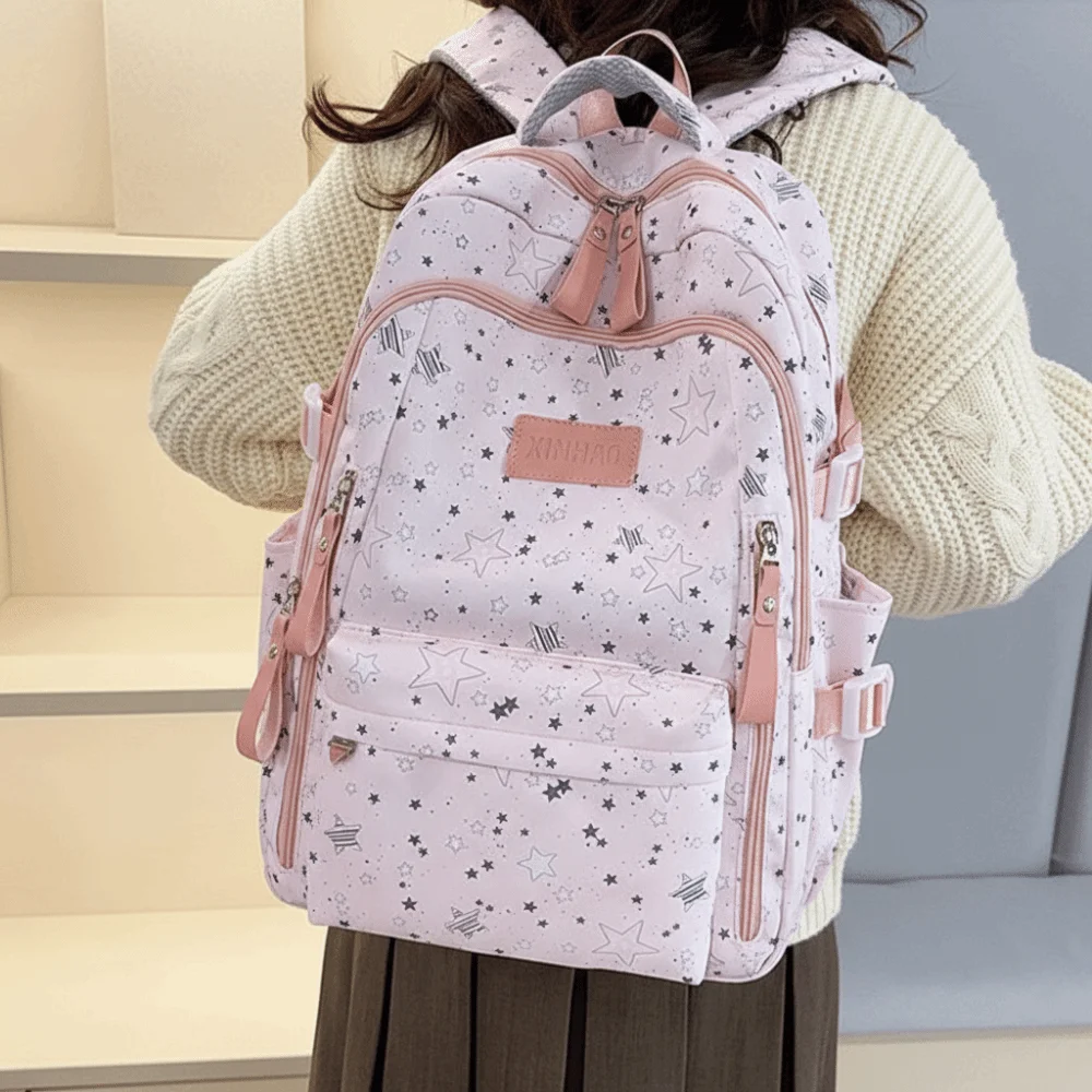 Print Star Backpack Lightweight College Style Nylon Backpack Large Capacity Korean Style Students School Bag