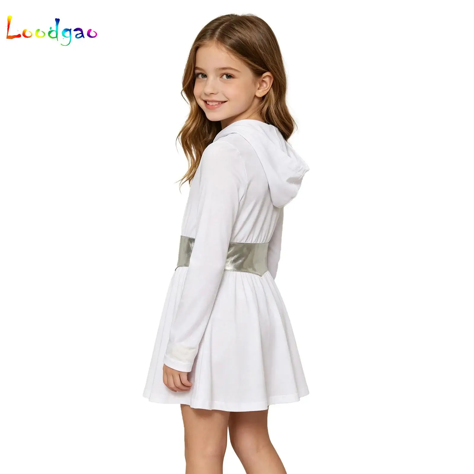 Kids Girls Long Sleeve Side Zipper Metallic Waist Hooded Dress Modern Performance Wear Carnival Space-themed Theme Party Costume