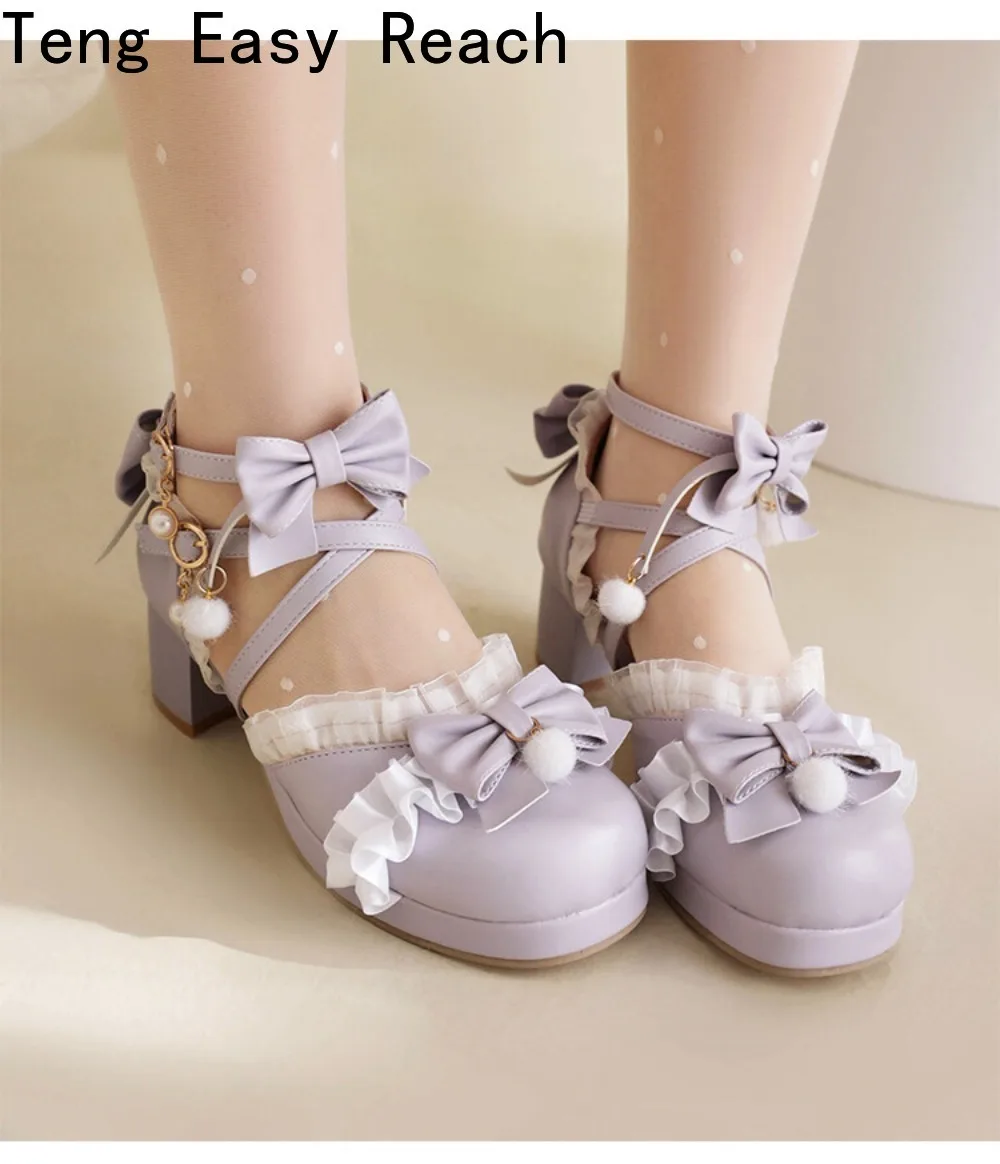 

Women's White Mary Janes Sandals Pink Purple Bowknot Lace Cross Ankle White Ruffles OL High Heels Lolita Party Single Shoes New
