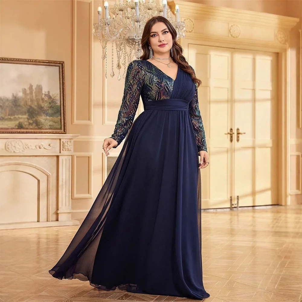 Abito da sera formale lungo in chiffon con scollo a V, paillettes colorate, maniche lunghe, vita arricciata e spacco, taglie forti, blu navy, per la madre della sposa