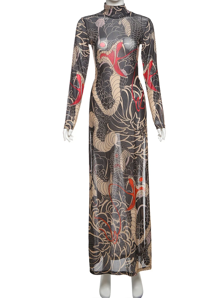 Kliou ความงามพิมพ์ผู้หญิงเสื้อยืด Hipster ฤดูใบไม้ร่วง STAND COLLAR Super-ยาว Slim Tops Mujer ตาข่ายบางที่น่าสนใจ streetwear