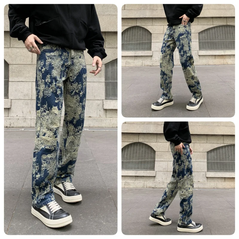 American style high street retro jacquard fashionable loose all-matching casual old casual high-profile straight jeans for men