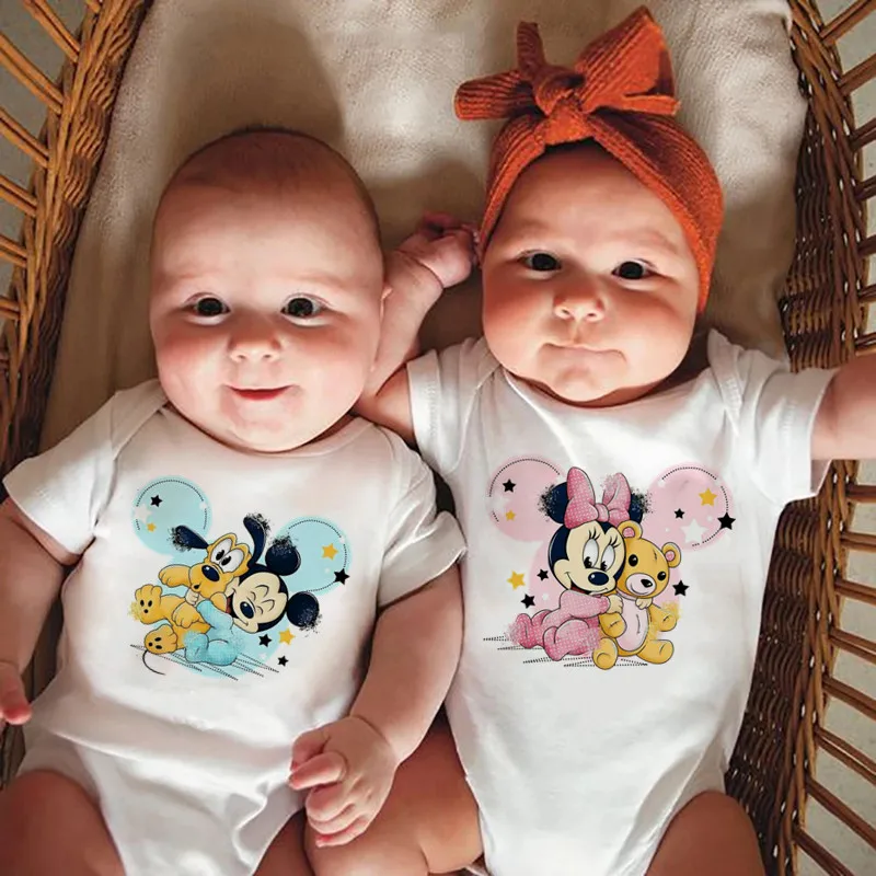 Mono de Mickey y Minnie Mouse para bebé recién nacido, ropa 100% de algodón, mono de manga corta para gemelos