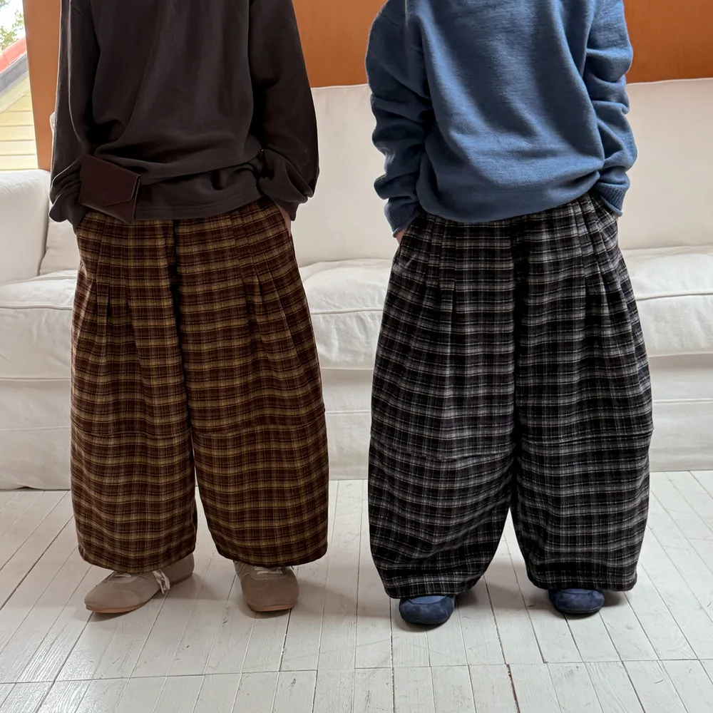 

Children Pants Autumn and Winter New 2025 Plus Velvet Casual Plaid Boys and Girls Wide-leg Pants Loose Trousers