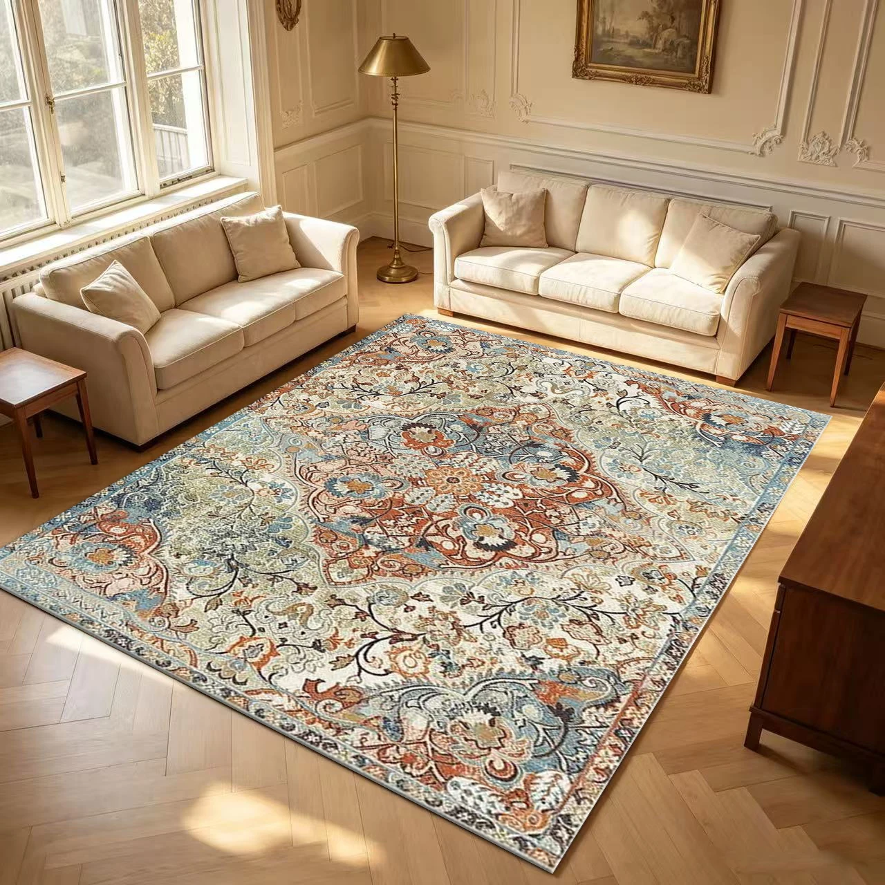 Bohemian Vintage Medal Floral Carpet, Exquisite Non-Slip Carpet Suitable for Living Room, Bedroom, and Home Interior Decoration