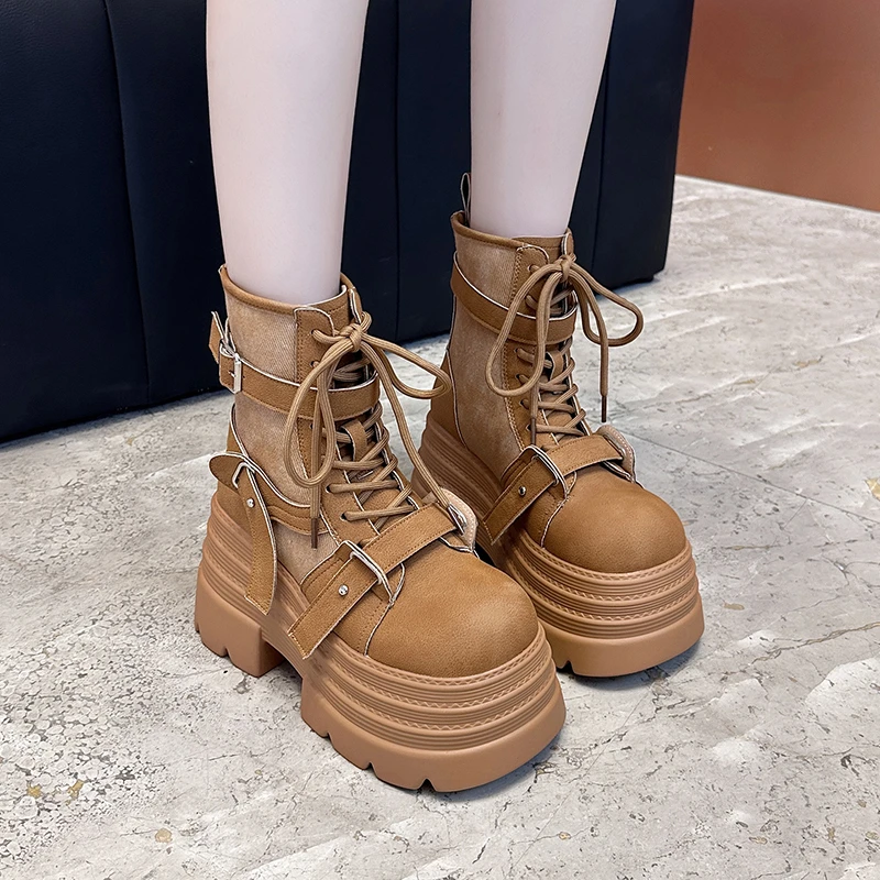 

Women High Platform Ankle Boots Autumn Winter Thick Sole Motorcycle Boots 10CM Heels Chunky Metal Short Leather Sneakers Woman